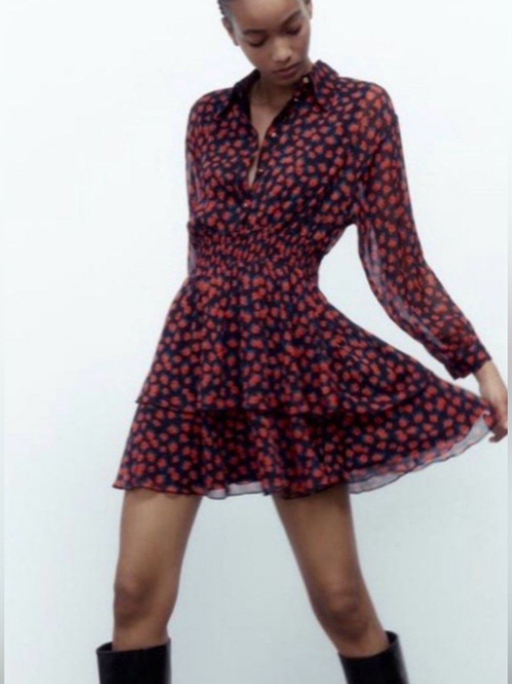 ZARA Floral Shirred Waist Mini Dress Size M